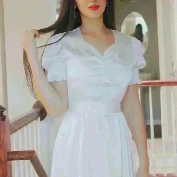 Satin Silky Soft Midi Dress Side Slit Puff Sleeve - Picture 2 of 4